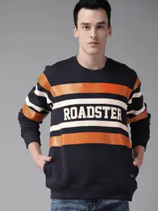 The Roadster Lifestyle Co Men Navy Blue & Rust Orange Striped Sweatshirt