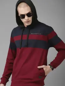 The Roadster Lifestyle Co Men Burgundy & Navy Blue Striped Hooded Sweatshirt