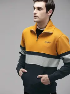 The Roadster Lifestyle Co Men Mustard Yellow & Navy Blue Colourblocked Pullover Sweatshirt