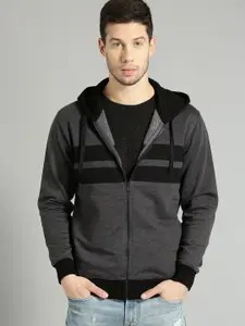 The Roadster Lifestyle Co Men Charcoal Grey & Black Striped Hooded Sweatshirt