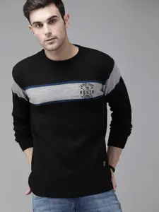 The Roadster Lifestyle Co Men Black & Grey Striped Pullover Sweater