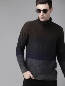 The Roadster Lifestyle Co Men Coffee Brown & Navy Blue Colourblocked Pullover Sweater