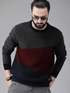 The Roadster Lifestyle Co Men Grey & Red Colourblocked Pullover Sweater