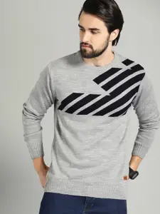 The Roadster Lifestyle Co Men Grey Melange & Black Striped Sweater