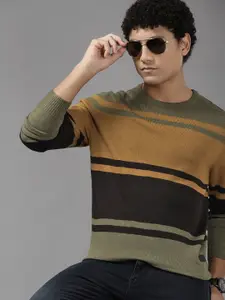 The Roadster Lifestyle Co. Men Olive Green & Brown Striped Sweater