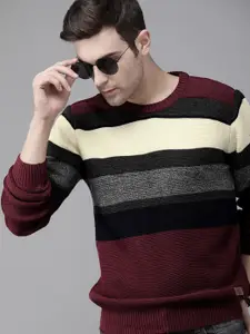 The Roadster Lifestyle Co Men Maroon & Cream-Coloured Striped Acrylic Pullover Sweater