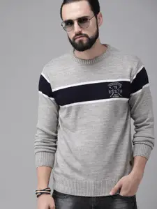 The Roadster Lifestyle Co Men Grey & Navy Blue Striped Pullover Sweater