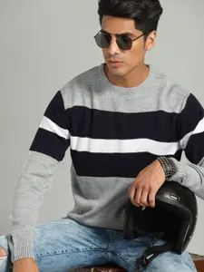 The Roadster Lifestyle Co Men Grey & Navy Blue Colourblocked Sweater