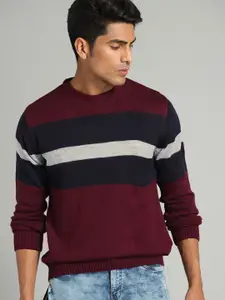 The Roadster Lifestyle Co Men Maroon & Navy Blue Striped Sweater