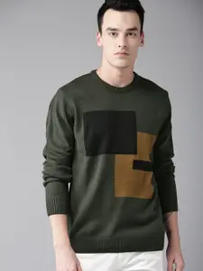 The Roadster Lifestyle Co Men Olive Green & Black Colourblocked Sweater