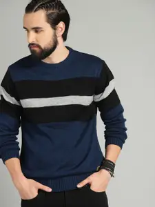 The Roadster Lifestyle Co Men Blue & Black Colourblocked Sweater
