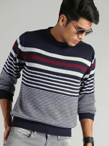 The Roadster Lifestyle Co Men Navy Blue & White Striped Sweater