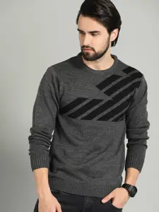 The Roadster Lifestyle Co Men Charcoal Grey & Black Striped Sweater