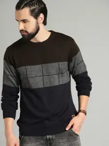 The Roadster Lifestyle Co Men Navy Blue & Coffee Brown Colourblocked Sweater
