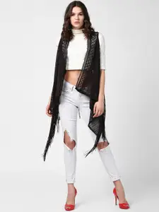 StyleStone Women Black Self Design Open Front Shrug