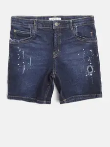 Palm Tree Boys Navy Blue Washed Regular Fit Denim Shorts with Distressed Detail