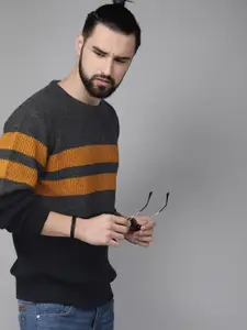The Roadster Lifestyle Co Men Charcoal Grey & Rust Orange Striped Sweater