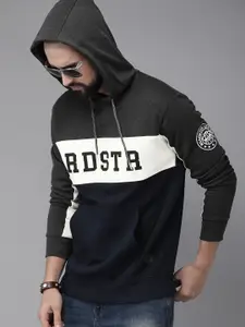 The Roadster Lifestyle Co Men Navy Blue & Charcoal Grey Colourblocked Hooded Pullover Sweatshirt