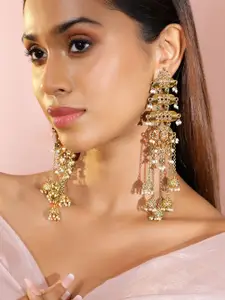 Rubans 18K Mehndi Gold-Plated Kundan Studded Layered Shoulder Duster Jhumka Earrings