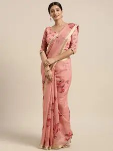 Kvsfab Red & Pink Printed Linen Blend Saree
