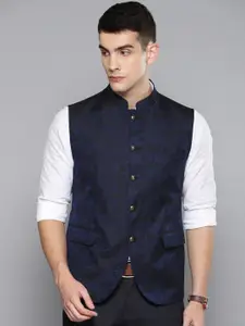 Louis Philippe Men Navy Blue & Black Slim Fit Self Design Nehru Jacket