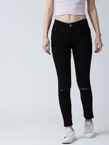 The Dry State Women Black Slim Fit Mid-Rise Slash Knee Jeans
