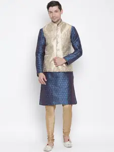 VASTRAMAY Men Blue & Beige Self Design Kurta with Churidar & Jacket