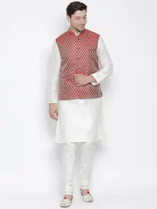 VASTRAMAY Men Cream-Coloured Self Design Kurta with Pyjamas & Jacket