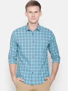 CAVALLO by Linen Club Men Linen Cotton Turquoise Blue Regular Fit Checked Casual Shirt