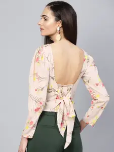 Athena Women Peach-Coloured Floral Print Styled Back Top