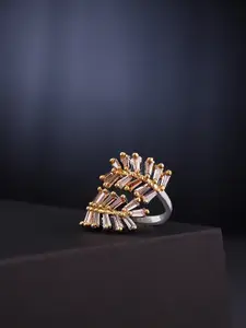 Priyaasi Silver-Plated & Gold-Toned CZ Studded Leaf Shaped Adjustable Ring