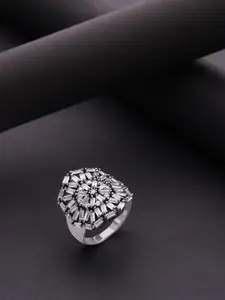 Priyaasi Silver-Plated AD & CZ Studded Off White Floral Shaped Ring
