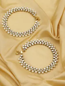 Priyaasi Set of 2 Off-White 18K Gold-Plated Kundan-Studded  & Beaded Handcrafted Anklets
