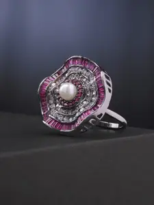 Priyaasi Gunmetal Plated & Magenta AD Studded Floral Adjustable Finger Ring