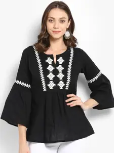 Bhama Couture Women Black Printed A-Line Pure Cotton Top