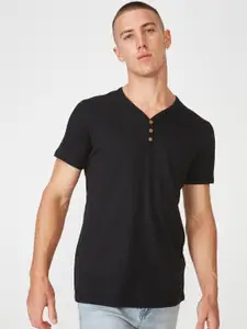 COTTON ON Men Black Solid Henley Neck T-shirt
