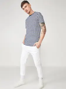 COTTON ON Men Navy Blue & White Striped Round Neck T-shirt