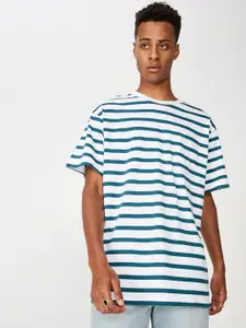 COTTON ON Men Teal Blue & White Striped Round Neck T-shirt
