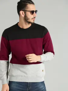 The Roadster Lifestyle Co Men Maroon & Grey Melange Colourblocked Pullover Sweatshirt