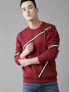 The Roadster Lifestyle Co Men Maroon & White Stripe Detail Sweatshirt