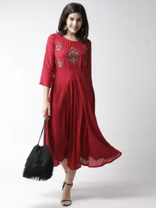 plusS Women Red Embroidered Fit & Flare Dress