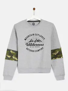 YK Boys Grey Printed Sweatshirt with Camo Print Sleeves