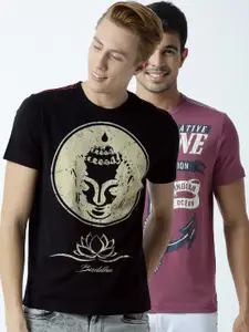 Huetrap Men Black and Pink Pack of 2 Printed Round Neck T-shirts