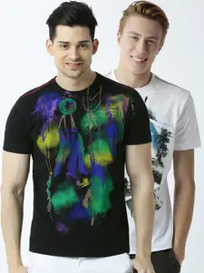 Huetrap Men White & Black Pack of 2 Printed Round Neck T-shirt