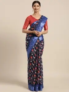 Saree mall Navy Blue & Red Silk Cotton Printed Saree