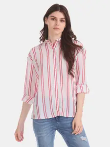 U.S. Polo Assn. Women White & Coral Pink Regular Fit Striped Casual Shirt