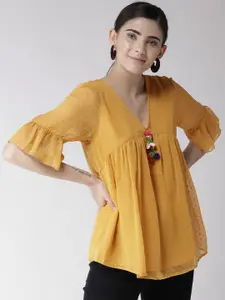 Antheaa Women Mustard Yellow Dobby Weave A-Line Top