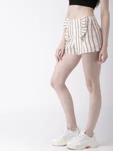 FOREVER 21 Women Off-white & Red Striped Regular Fit Regular Shorts