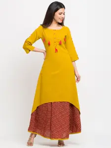 YASH GALLERY Women Yellow Embroidered Asymmetric Straight Kurta