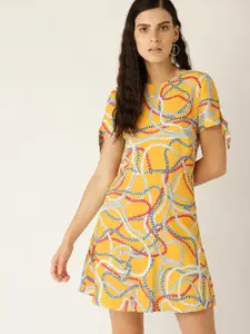 MANGO Women Mustard Yellow & Blue Printed A-Line Dress
